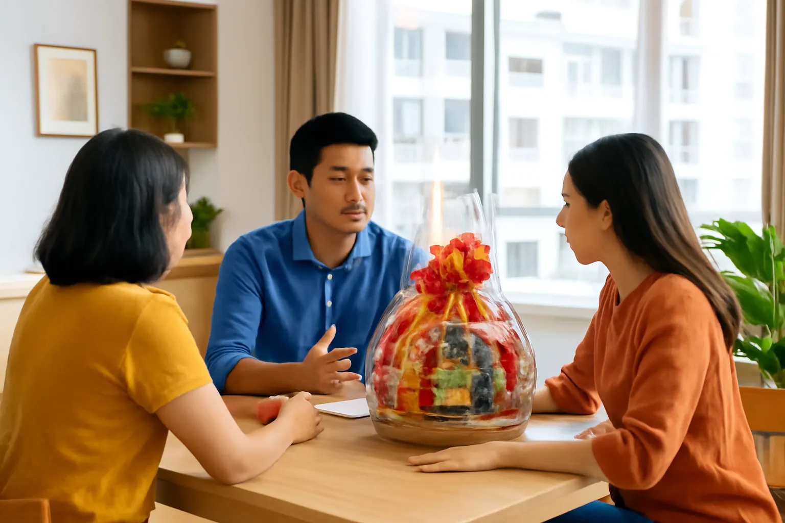 Ba anh chị em ngồi quanh bàn ăn bàn việc, giỏ quà Tết đặt ở giữa