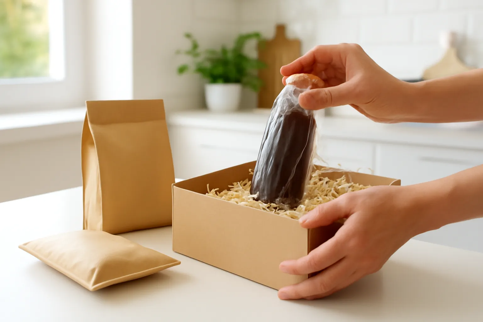 Tay đặt chai thuỷ tinh bọc màng co vào hộp giấy kraft lót giấy vụn