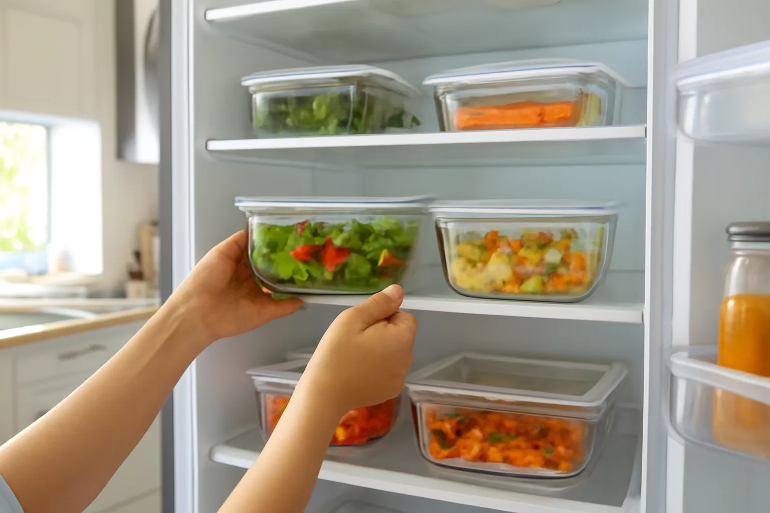 Tủ lạnh mở cửa, tay người xếp hộp thực phẩm vào từng ngăn