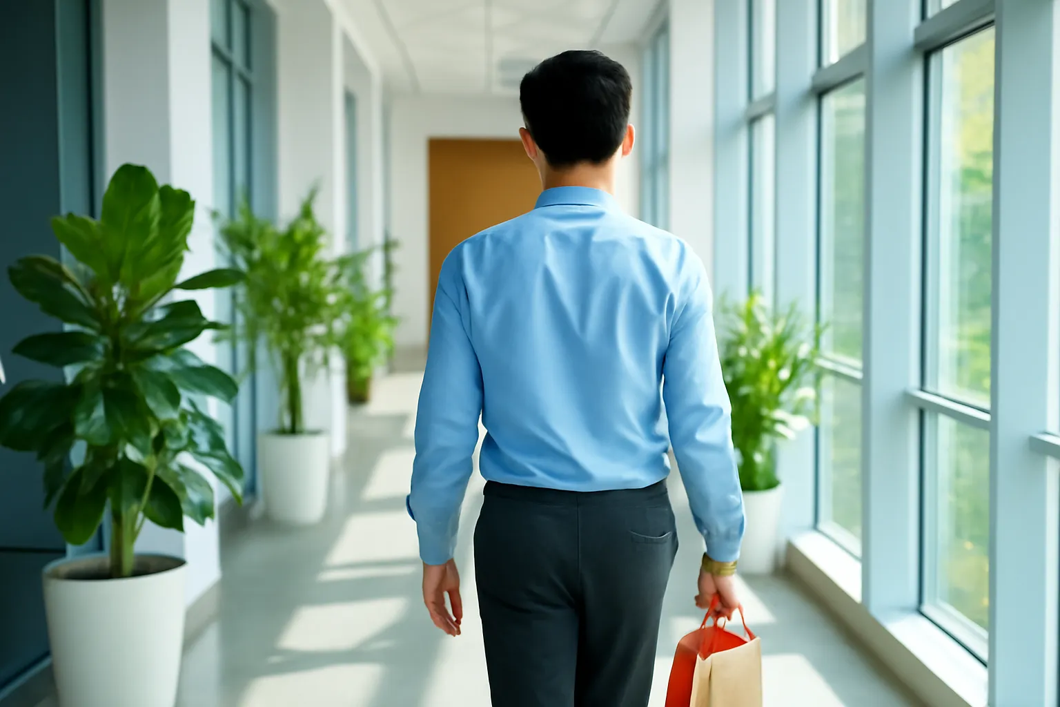 Người đàn ông trẻ xách túi quà đi dọc hành lang văn phòng sáng