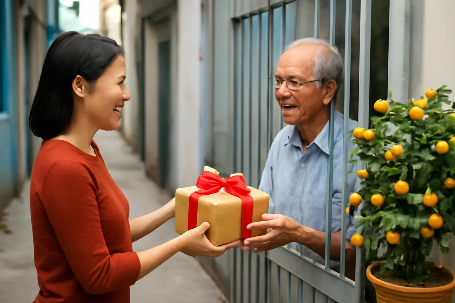 Người phụ nữ trao hộp quà Tết cho bà hàng xóm bên cổng có chậu quất