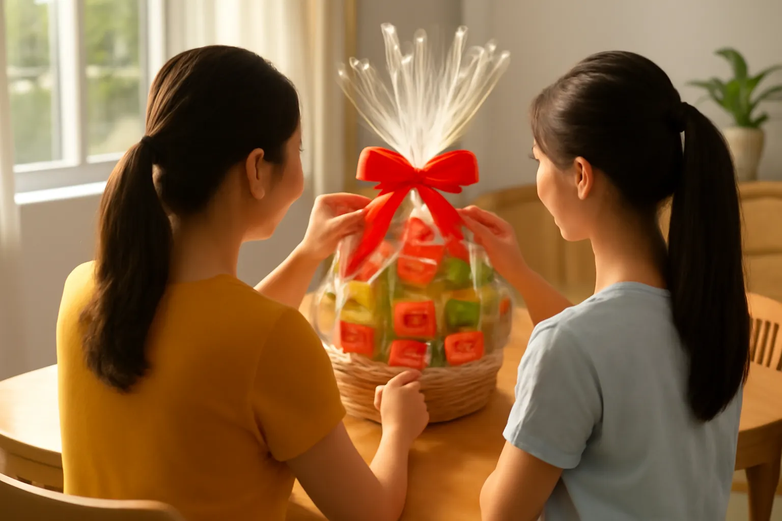 Hai mẹ con nhìn từ phía sau đang thắt nơ đỏ cho giỏ quà Tết