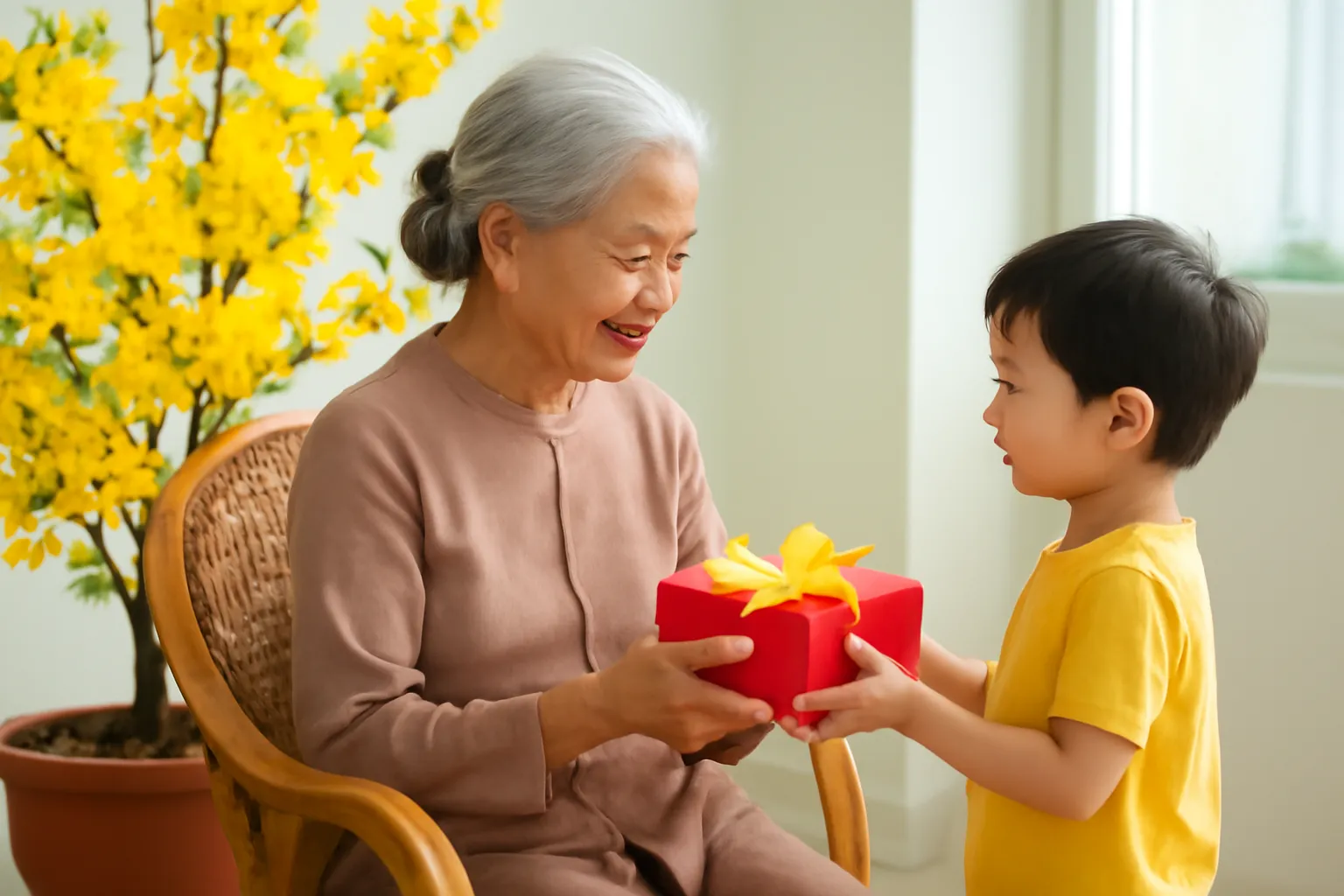 Bà cụ tóc bạc ngồi ghế mây cạnh chậu mai vàng, cháu nhỏ đưa hộp quà