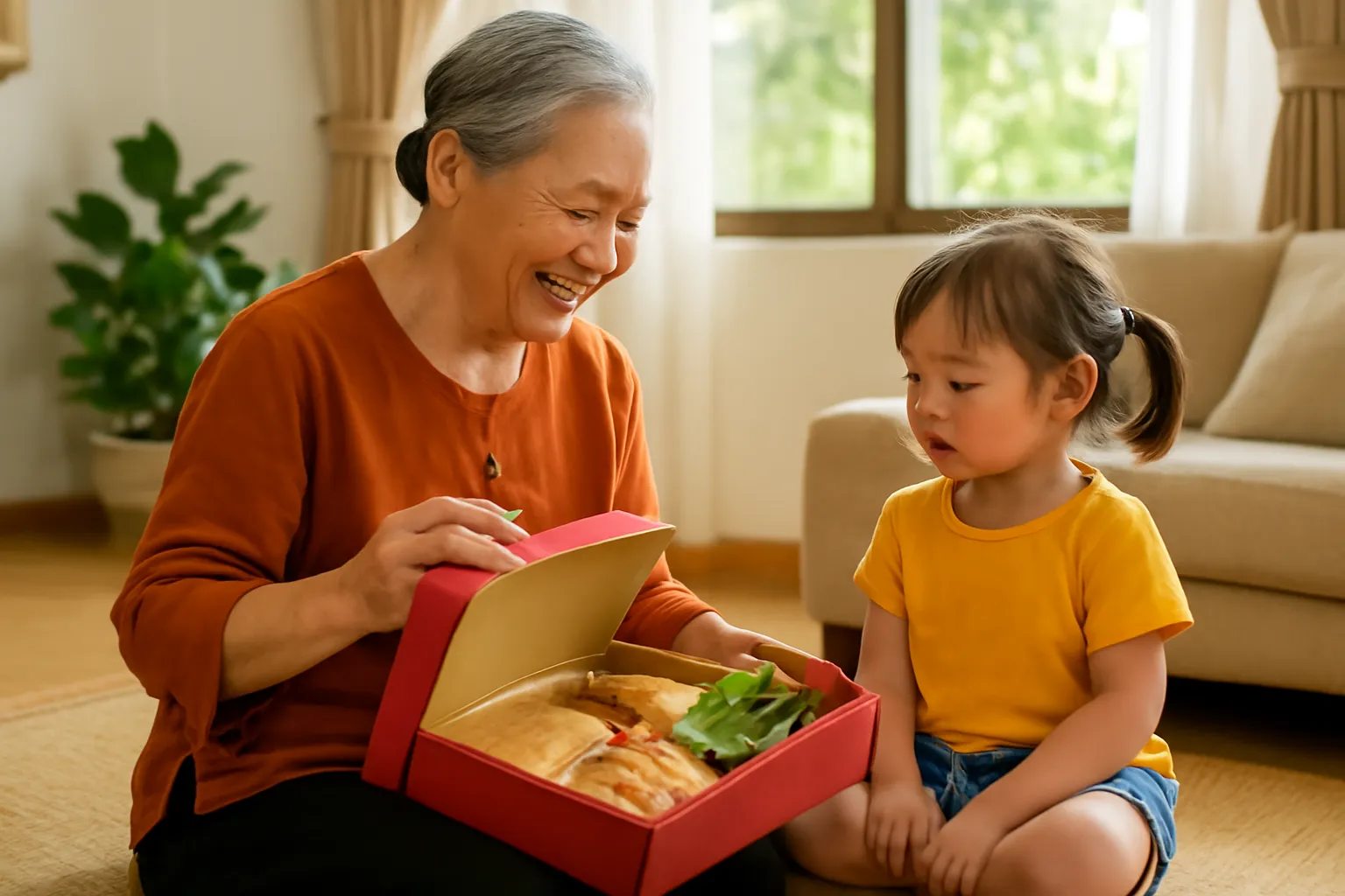 Bà cụ mở hộp quà đặc sản trên chiếu, cháu nhỏ ngồi bên cạnh