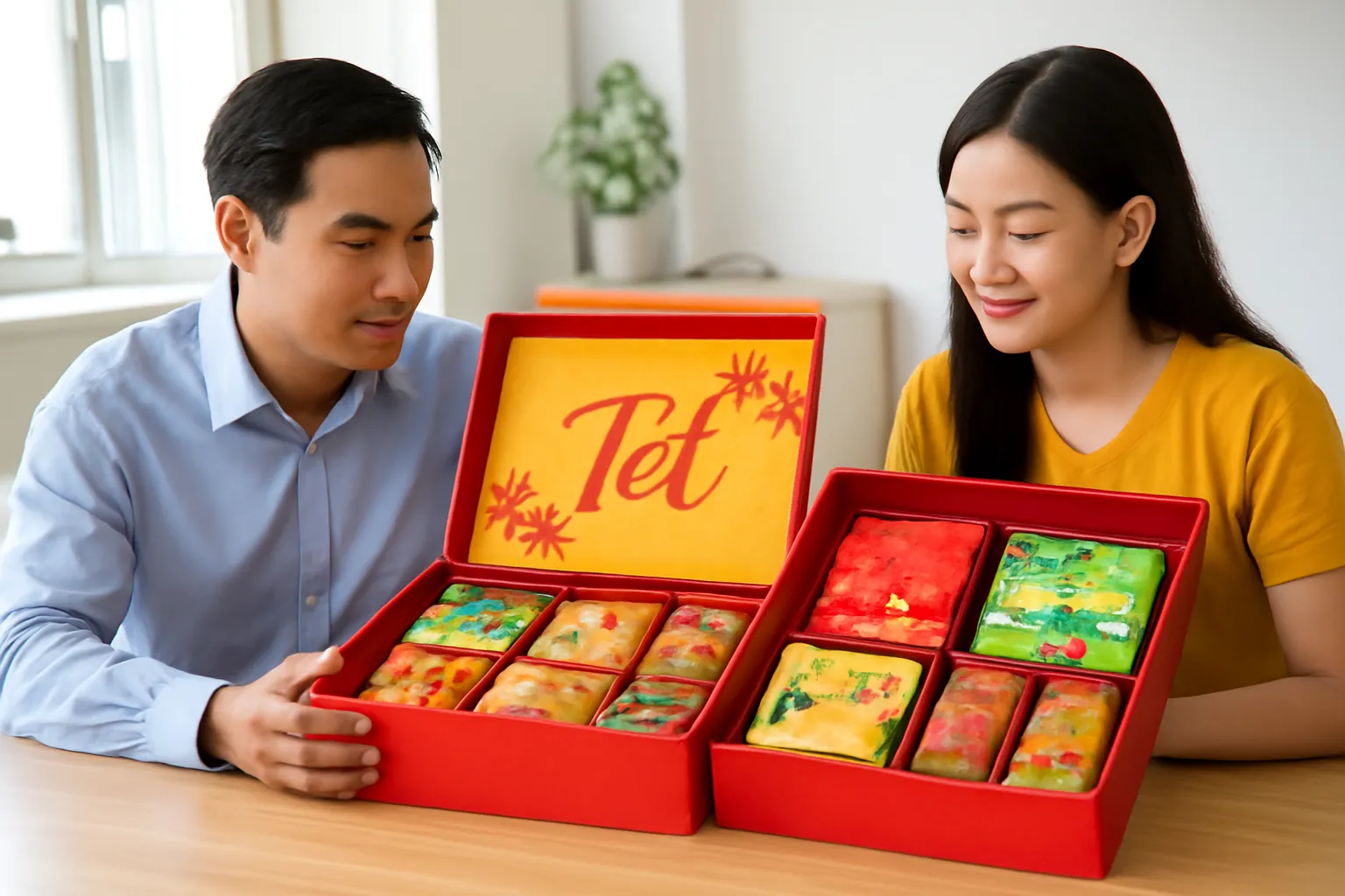 Hai người ngồi bàn gỗ xem hai hộp quà Tết mẫu đang mở nắp