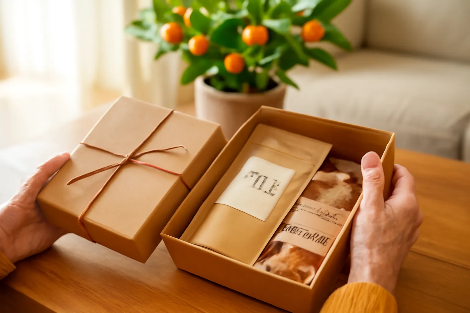 Bàn tay bà cụ mở hộp quà tự làm có mứt gừng và gói trà trên bàn gỗ