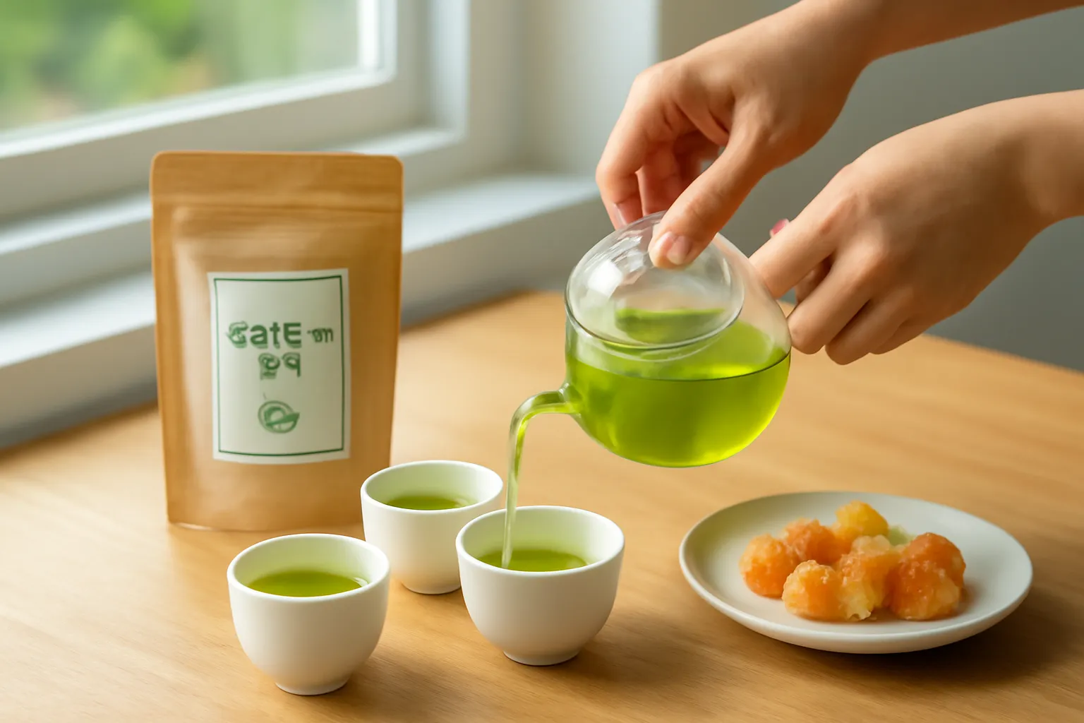 Tay rót trà xanh ra chén sứ trắng bên gói trà và đĩa ô mai