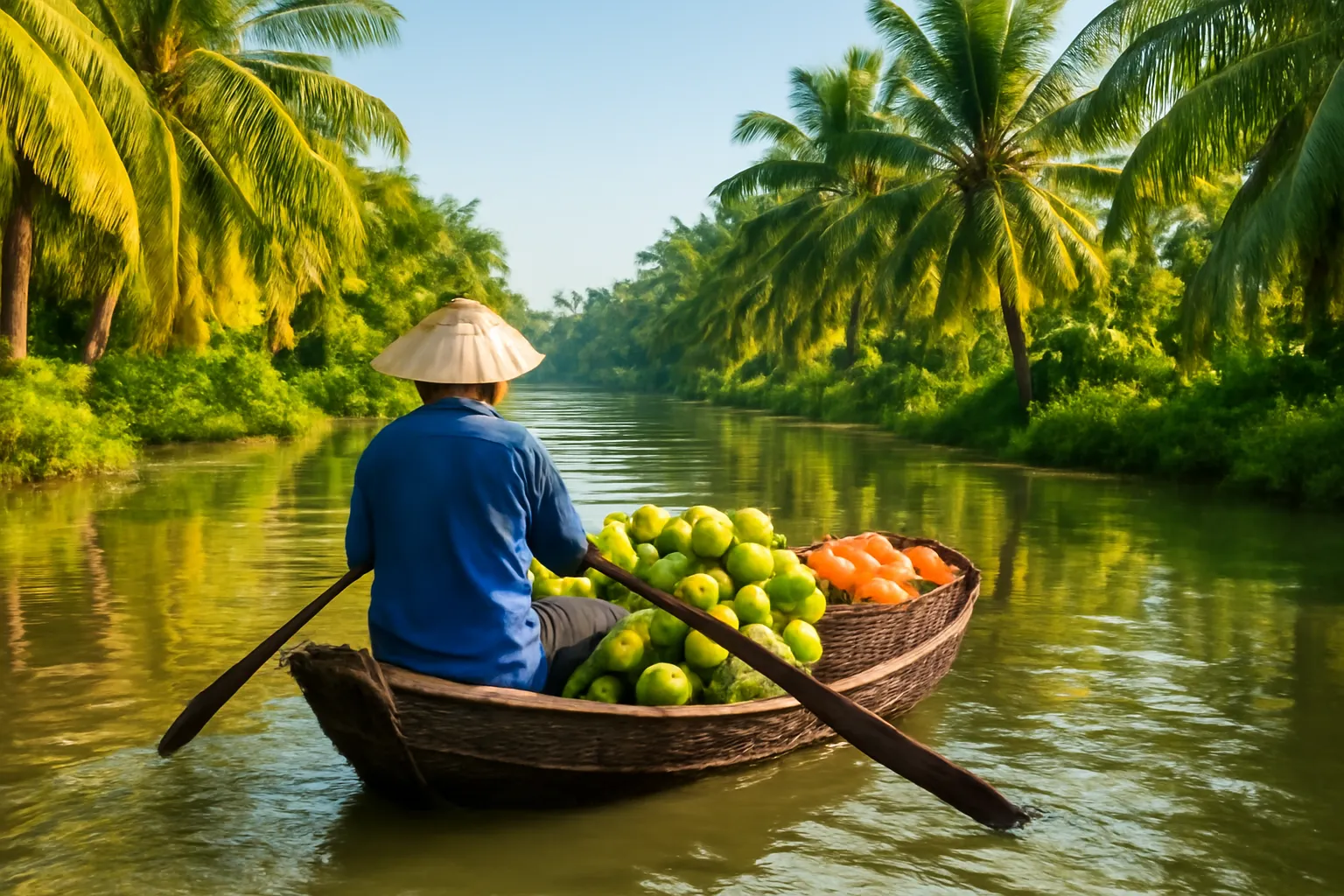 Ghe nhỏ chở dừa và rổ trái cây trên kênh miền Tây buổi sáng