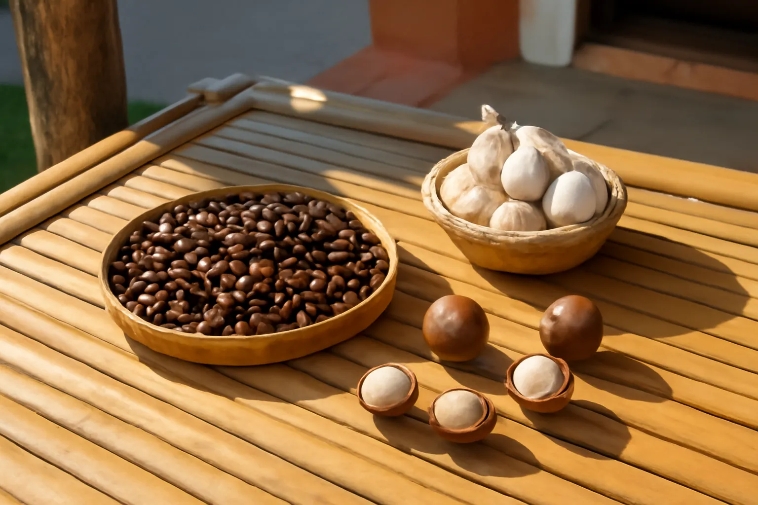Bàn tre phơi hạt cà phê rang, mắc ca nứt vỏ và rổ tỏi nhỏ