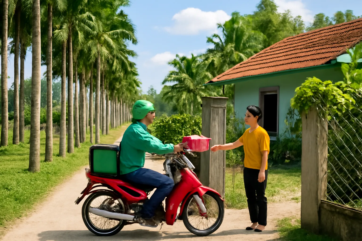 Người giao hàng dừng xe máy trước cổng nhà quê có hàng cau, trao hộp quà