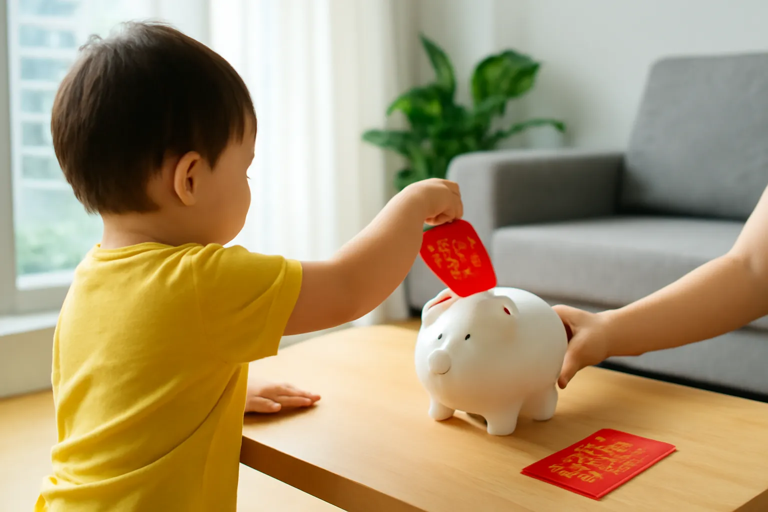 Em bé bỏ phong bao lì xì đỏ vào heo đất gốm với bàn tay mẹ đỡ bên cạnh