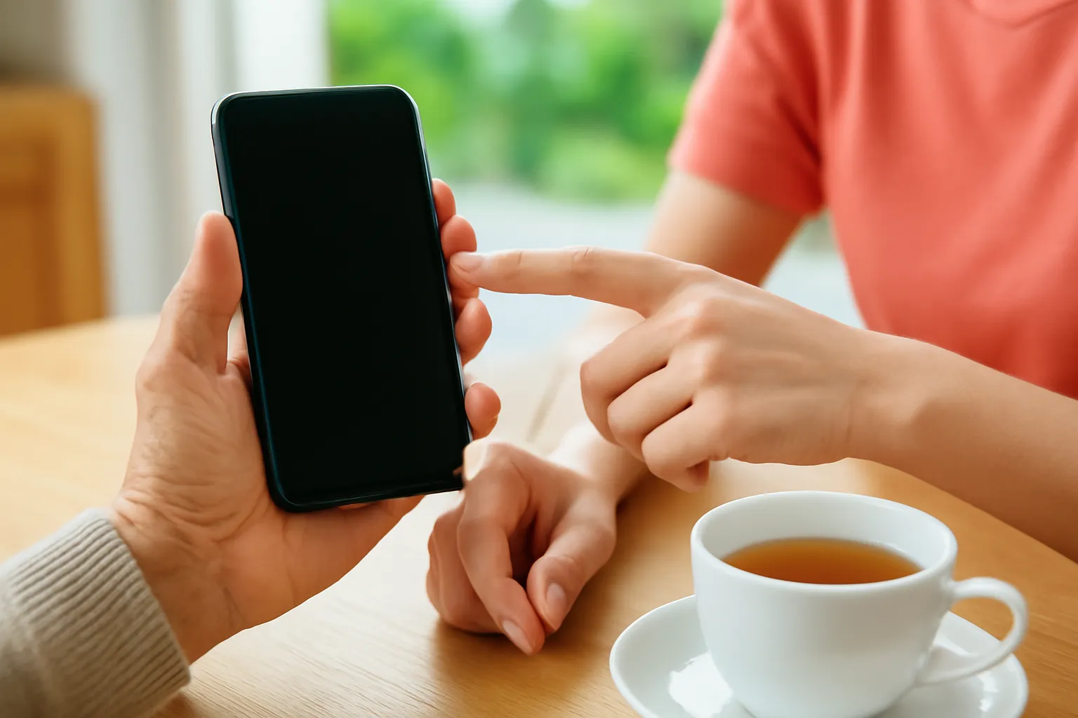 Tay người cha cầm điện thoại, tay người con chỉ nút bấm bên cạnh trên bàn trà