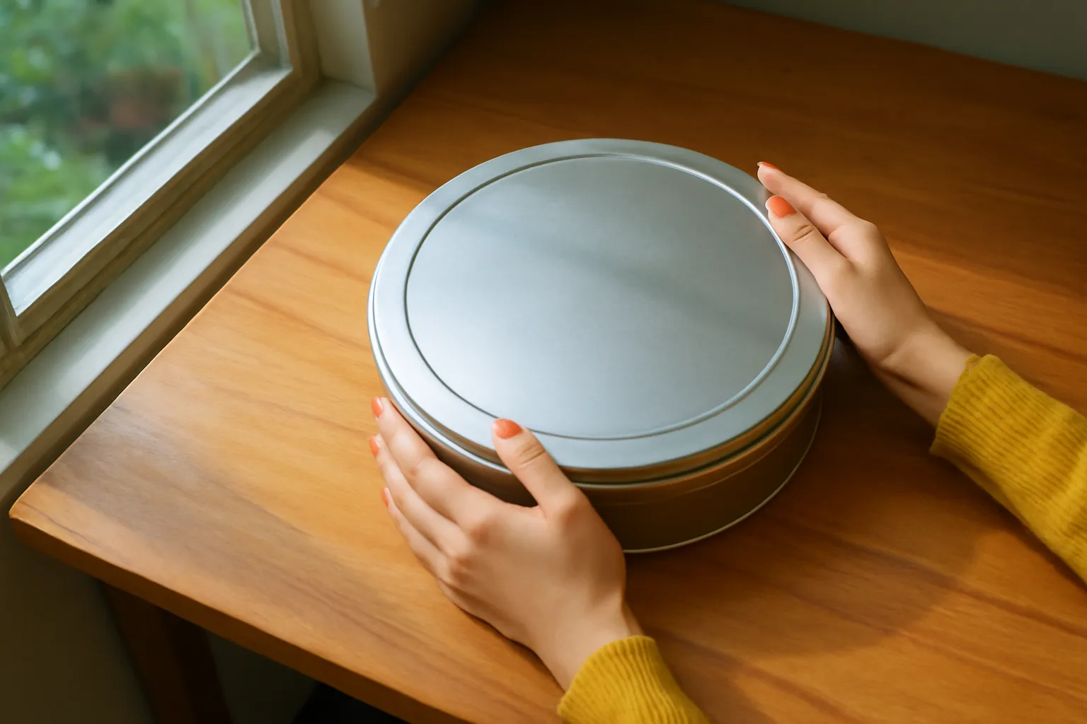 Tay người lật hộp bánh thiếc xem đáy hộp trên bàn gỗ cạnh cửa sổ