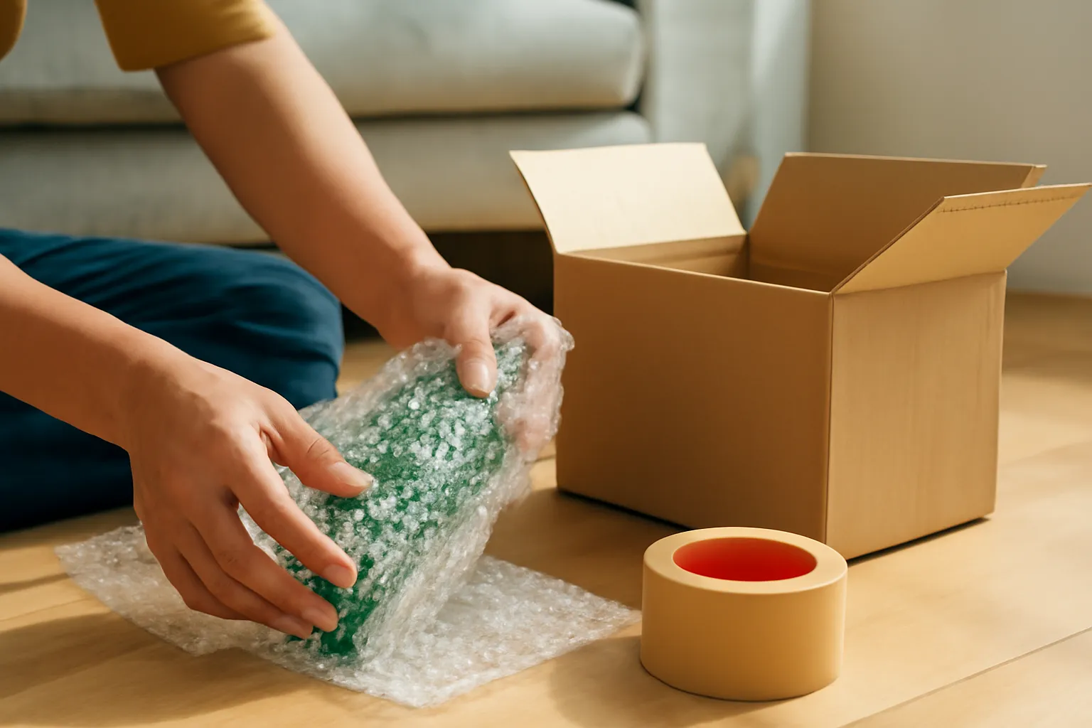 Tay người quấn màng bọc khí quanh chai thủy tinh cạnh thùng carton mở