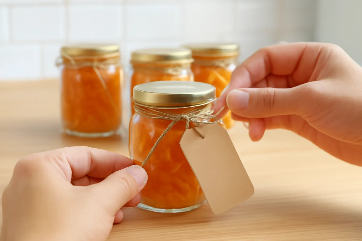 Bàn tay buộc nhãn giấy kraft trống vào hũ mứt dừa, phía sau là hàng hũ nhỏ
