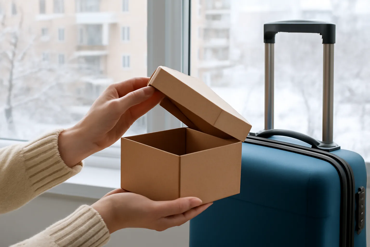 Thùng quà đặt cạnh vali trước cửa sổ có tuyết, tay người mở nắp