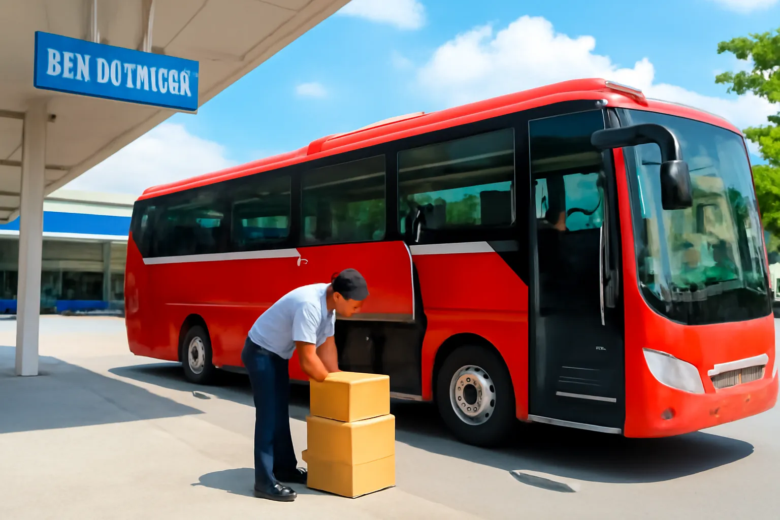 Phụ xe xếp thùng hàng vào khoang hành lý xe khách ở bến, nhìn từ xa