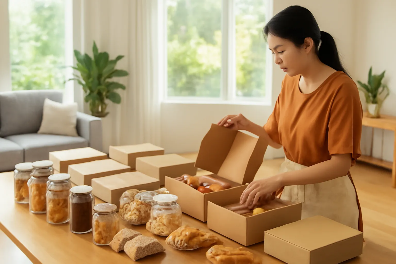Bàn dài bày túi, hũ đặc sản đang được chia vào nhiều hộp giấy