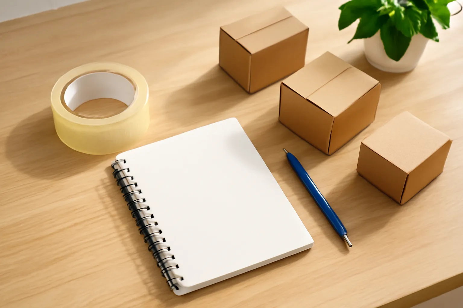 Bàn làm việc có sổ tay trống, cuộn băng keo và vài thùng carton nhỏ