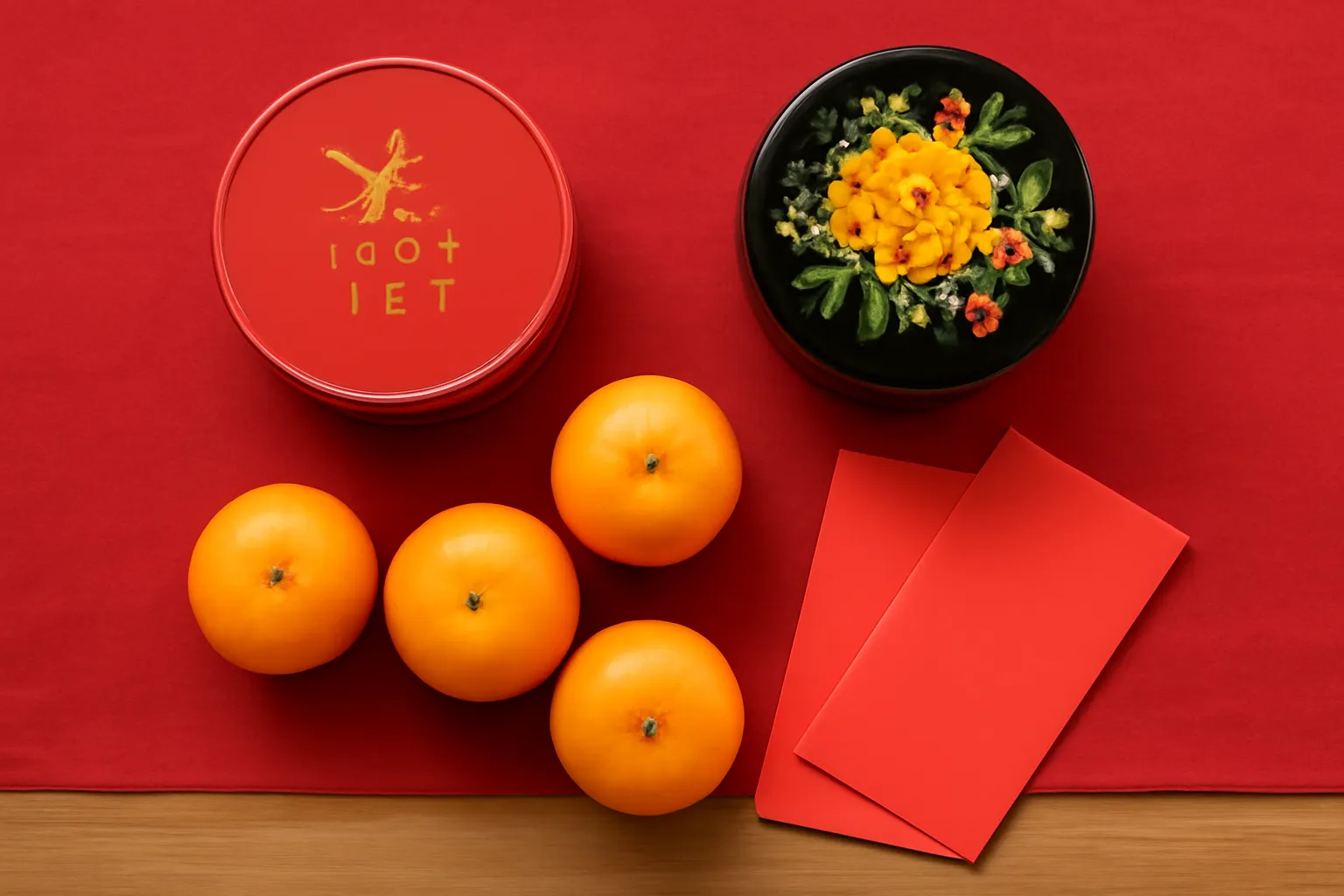 Hộp trà, cam, hộp mứt và phong bao đỏ bày trên khăn đỏ nhìn từ trên xuống