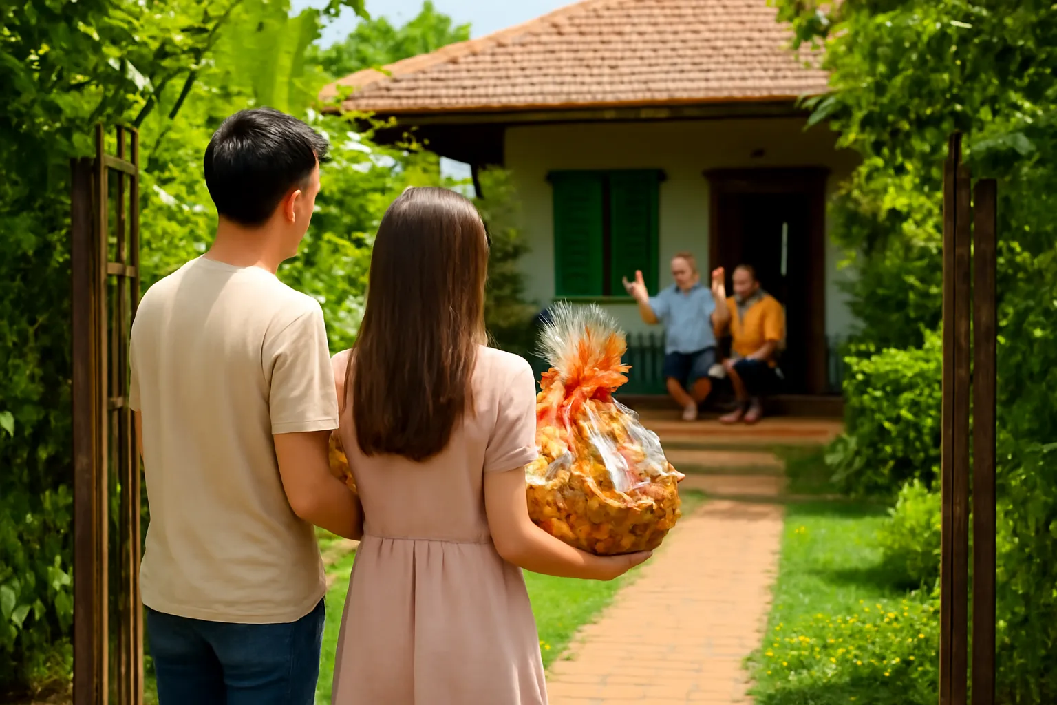 Đôi bạn trẻ ôm giỏ quà đứng ở cổng nhà vườn miền Tây, bố mẹ vẫy tay