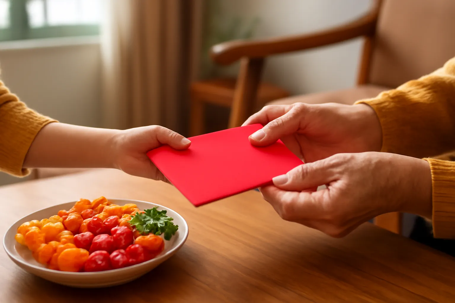 Bàn tay bà nhận phong bao lì xì đỏ từ tay đứa cháu nhỏ bên khay mứt Tết