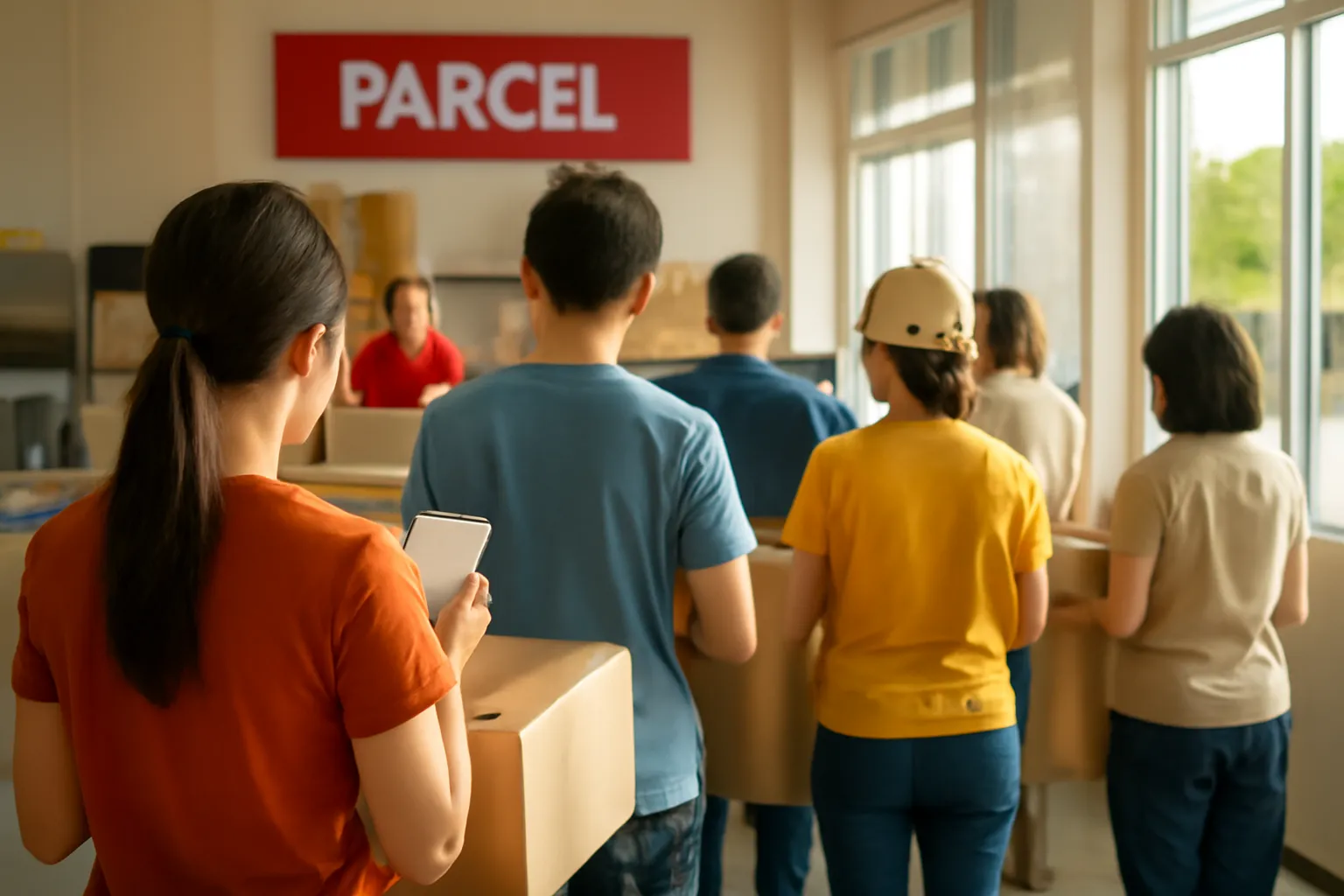 Người xếp hàng ôm thùng carton chờ gửi ở bưu cục đông khách buổi chiều