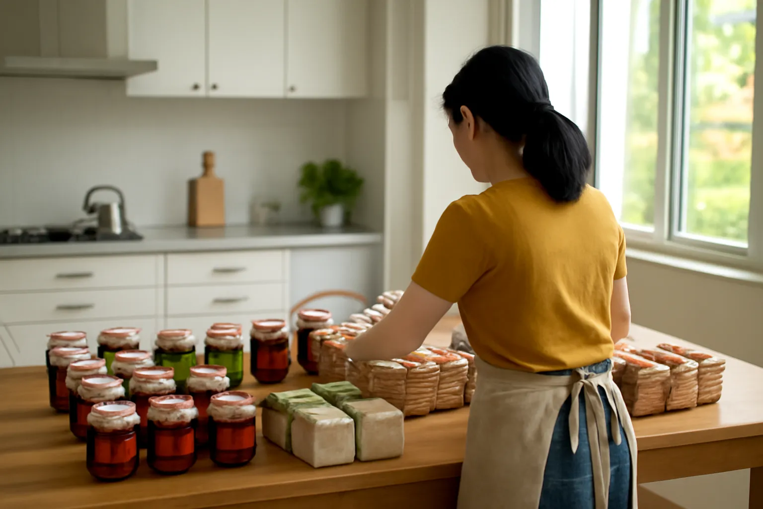 Người phụ nữ xếp hàng hũ quà và hộp đã gói vào giỏ trên bàn bếp dài