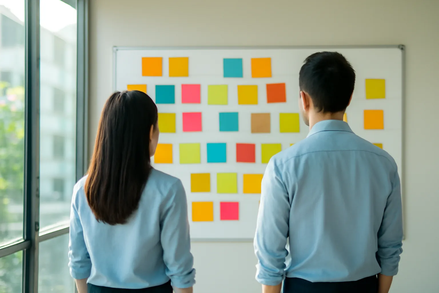 Hai nhân viên văn phòng đứng trước bảng dán giấy nhớ nhiều màu lên kế hoạch