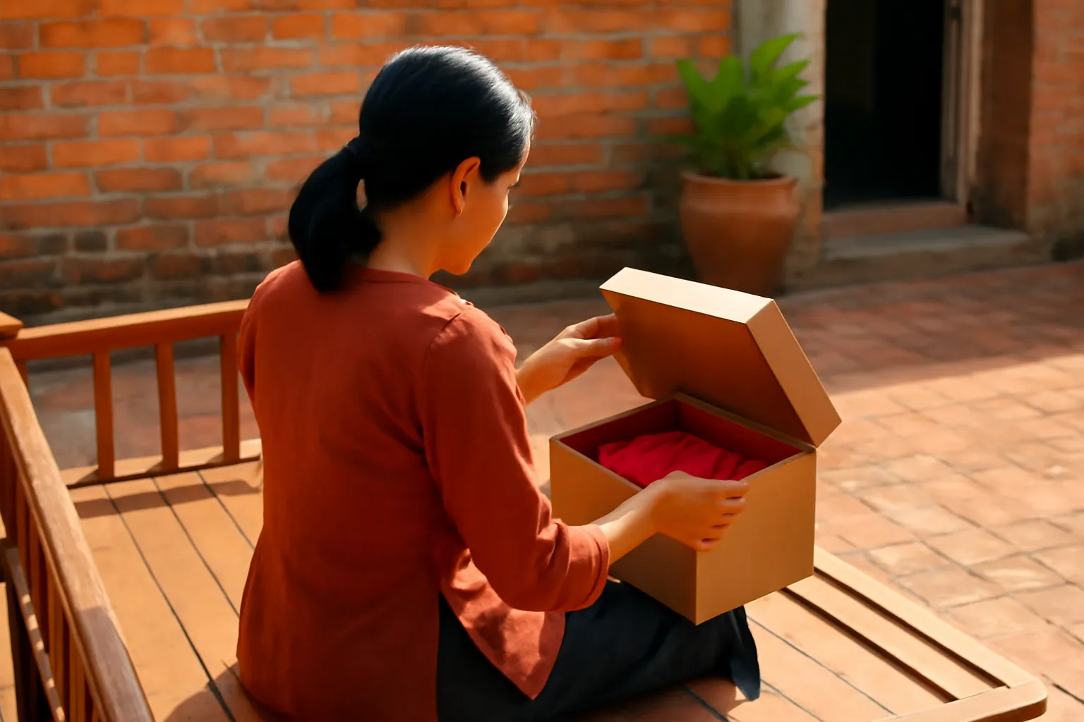 Người mẹ ở quê nhìn từ phía sau mở thùng quà trên phản gỗ giữa sân