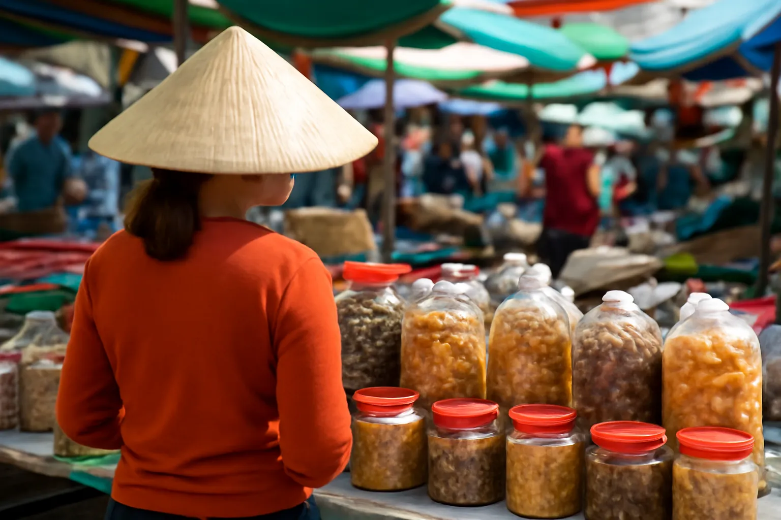 Người phụ nữ chọn hàng ở sạp chợ quê bày hũ và túi đặc sản