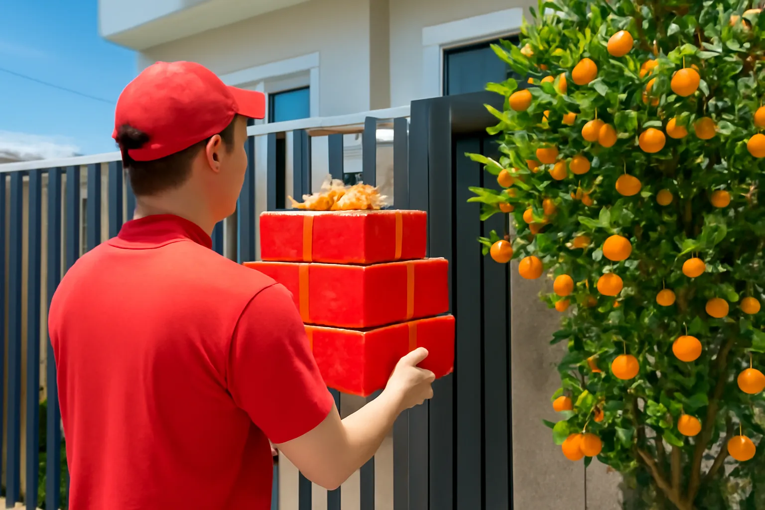 Người giao hàng trao chồng hộp quà Tết đỏ tại cổng nhà có cây quất