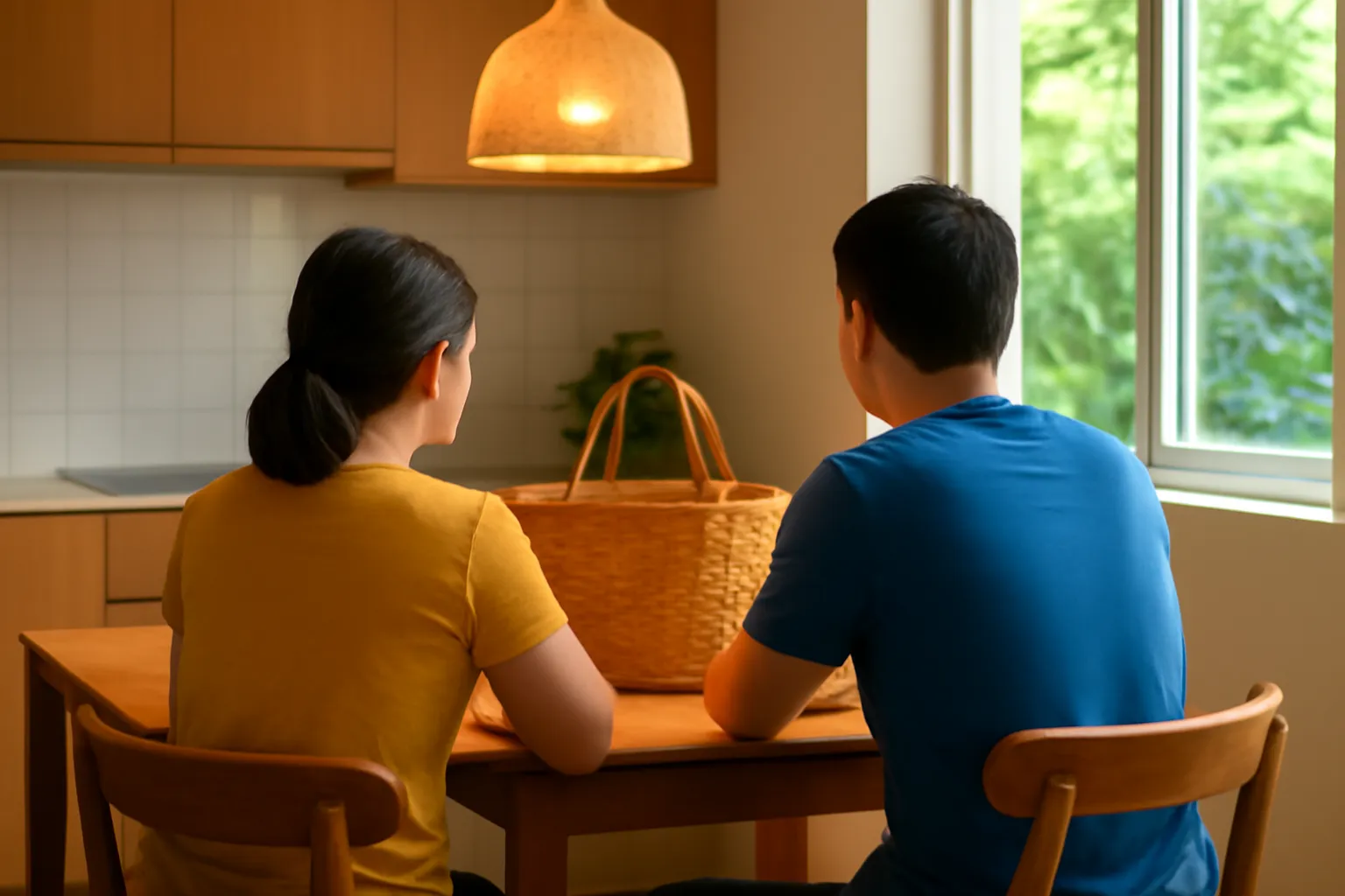 Vợ chồng nhìn từ phía sau ngồi bàn bếp buổi tối, giỏ đi chợ trên bàn