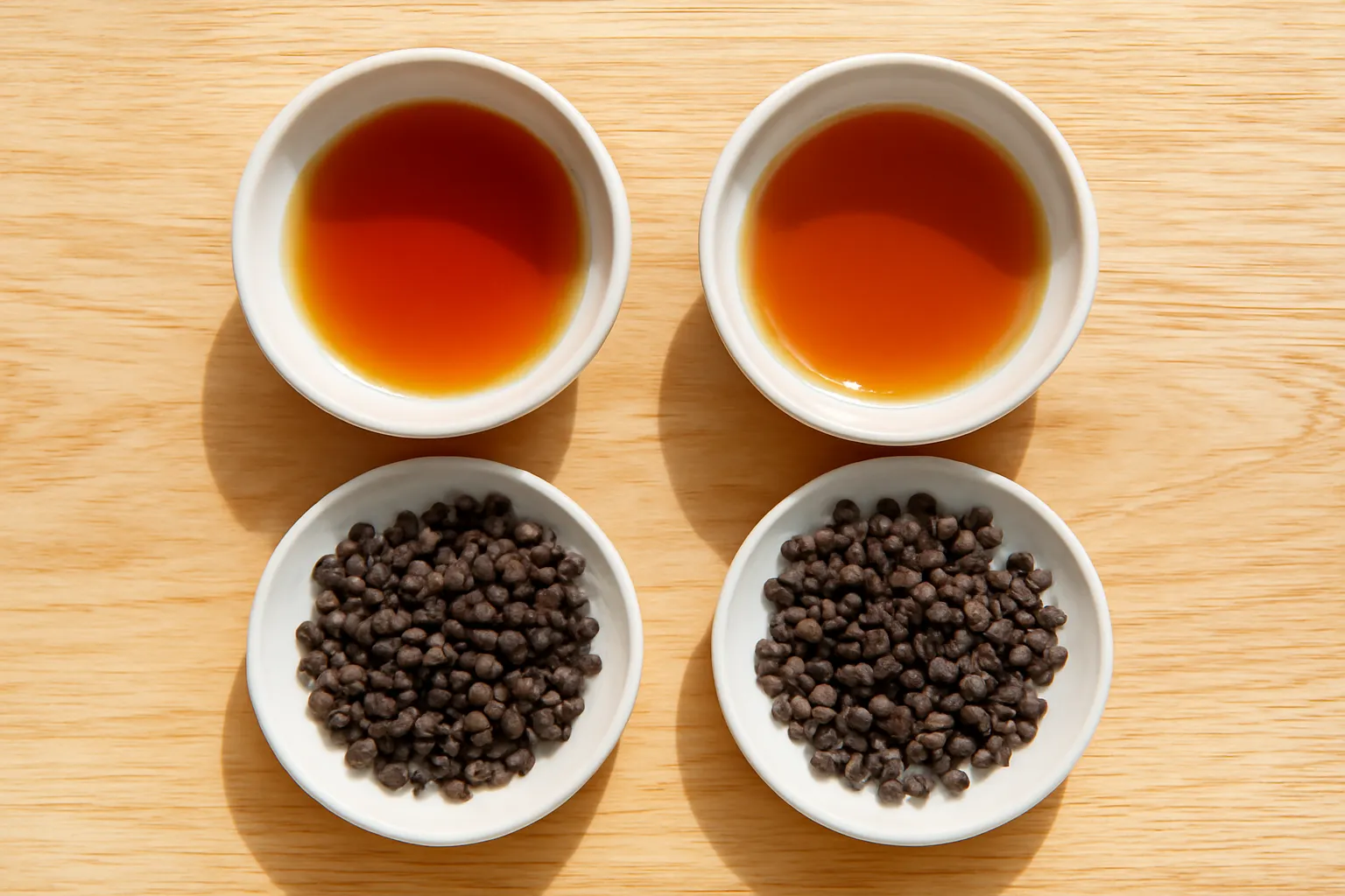 Hai đĩa hạt tiêu và hai chén nước mắm đặt cạnh nhau để so màu