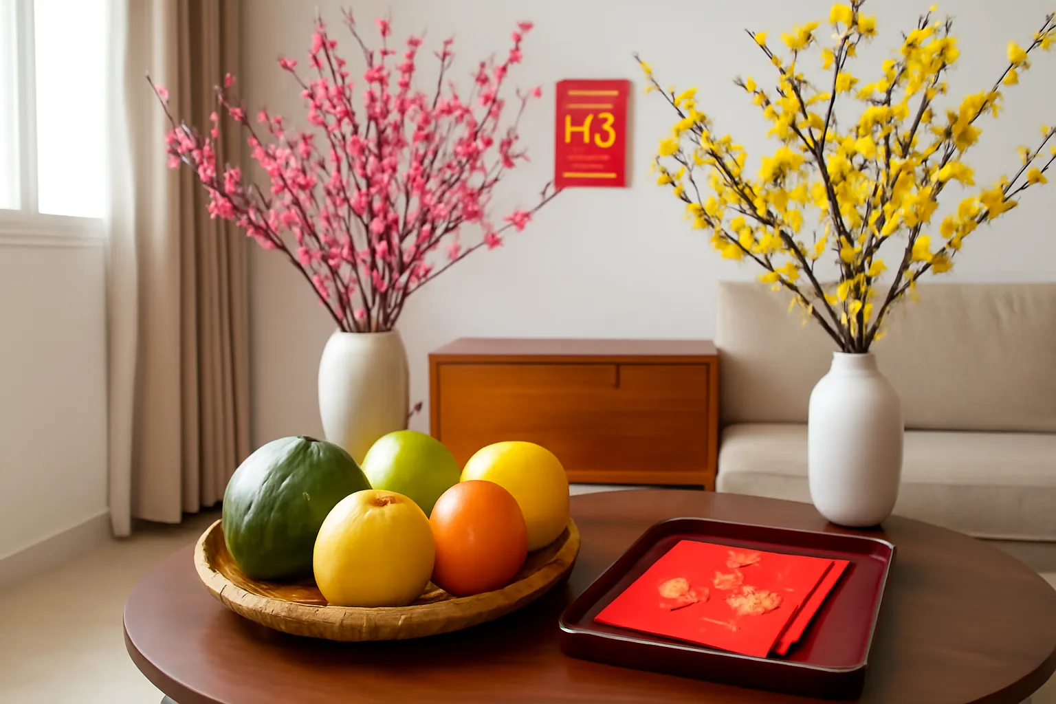 Góc phòng khách ngày Tết có mâm ngũ quả, khay phong bao đỏ, cành đào cạnh cành mai