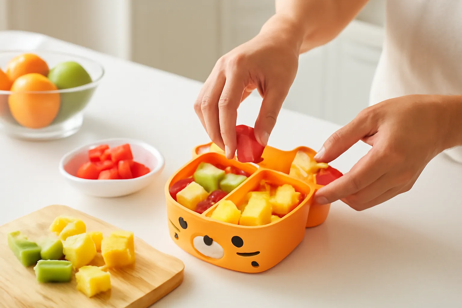 Tay người mẹ xếp trái cây cắt miếng vào hộp ăn hình thú cho bé