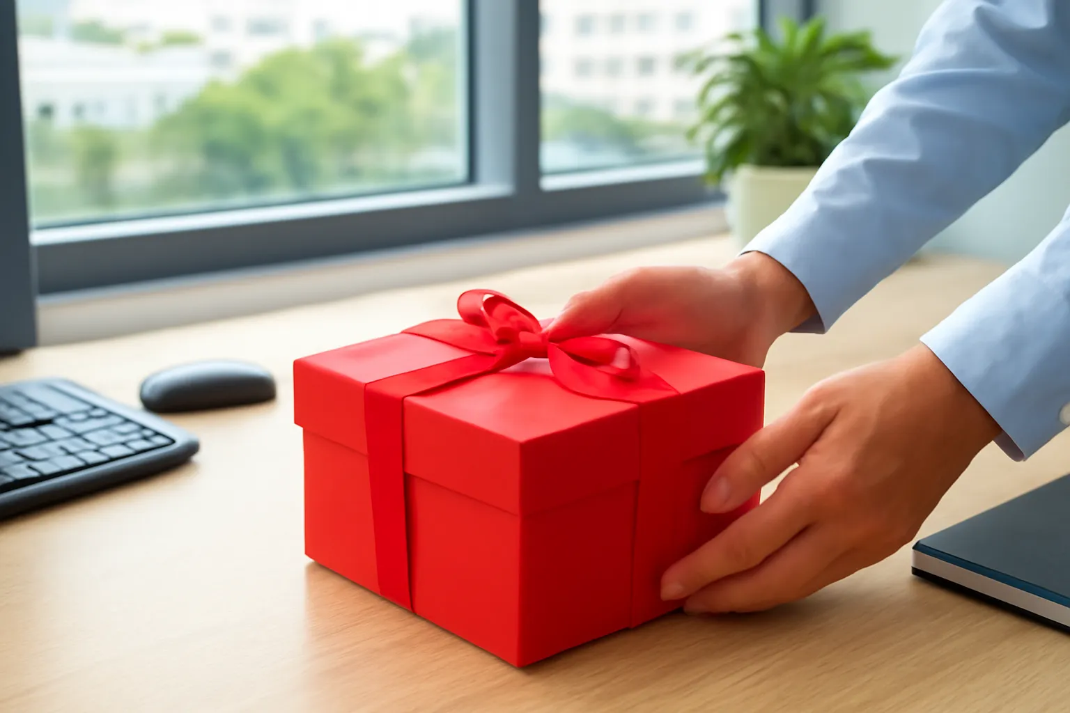 Tay nhân viên đặt hộp quà bọc giấy đỏ trơn lên bàn làm việc gỗ