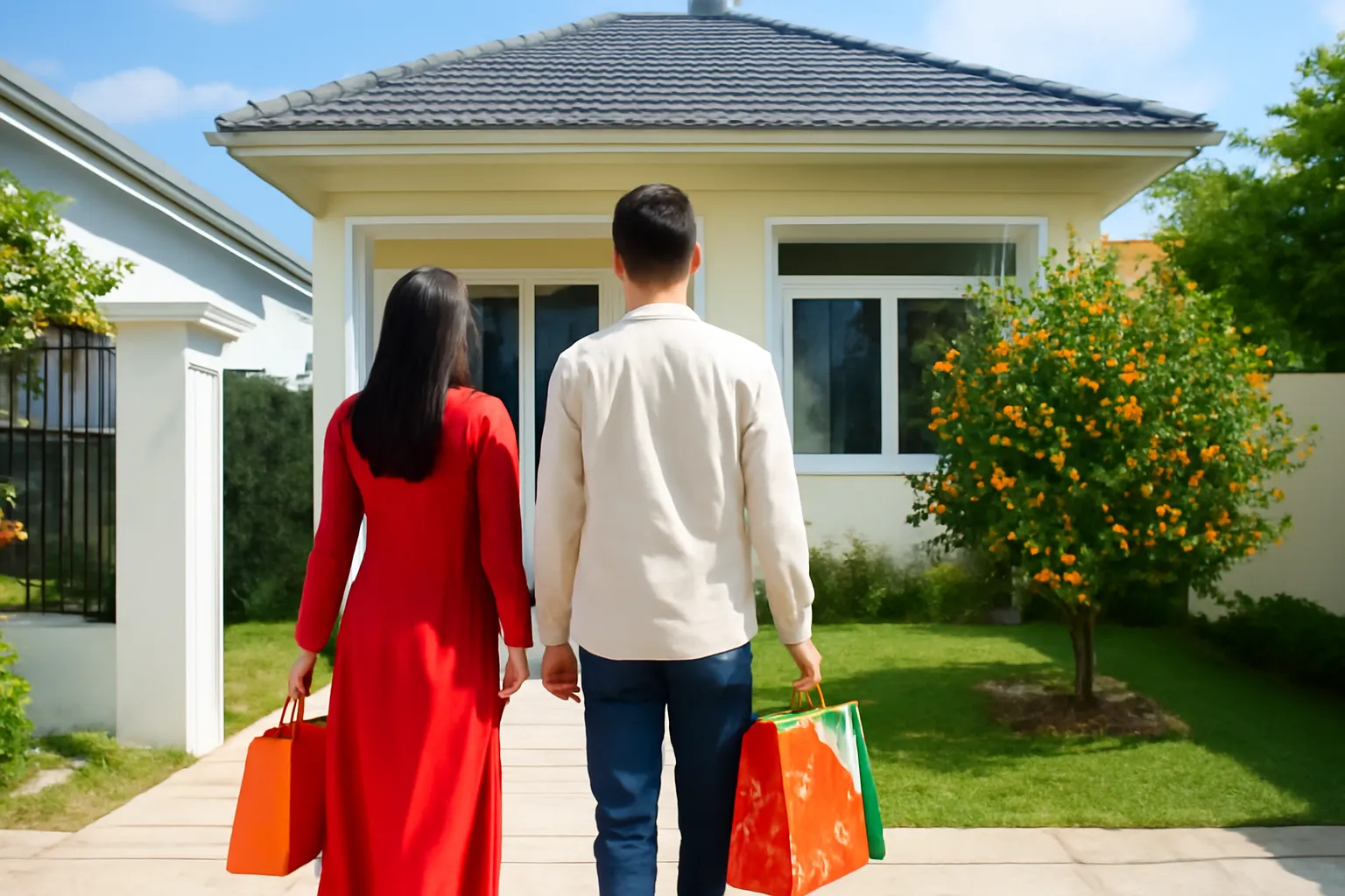 Cặp vợ chồng trẻ xách túi quà bước vào sân nhà có chậu quất ngày Tết