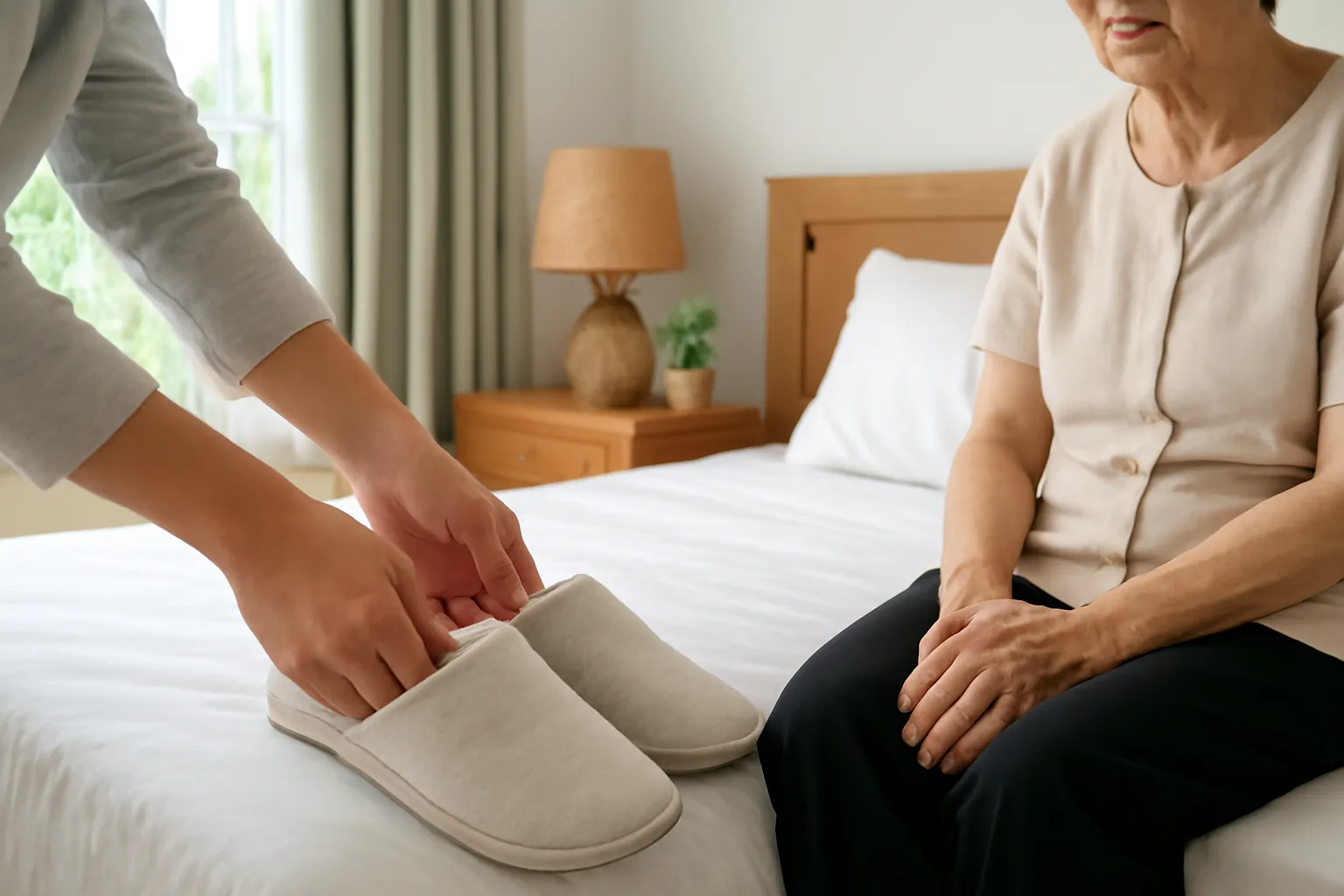 Đôi tay người con đặt đôi dép mới cạnh giường của mẹ trong phòng ngủ sáng
