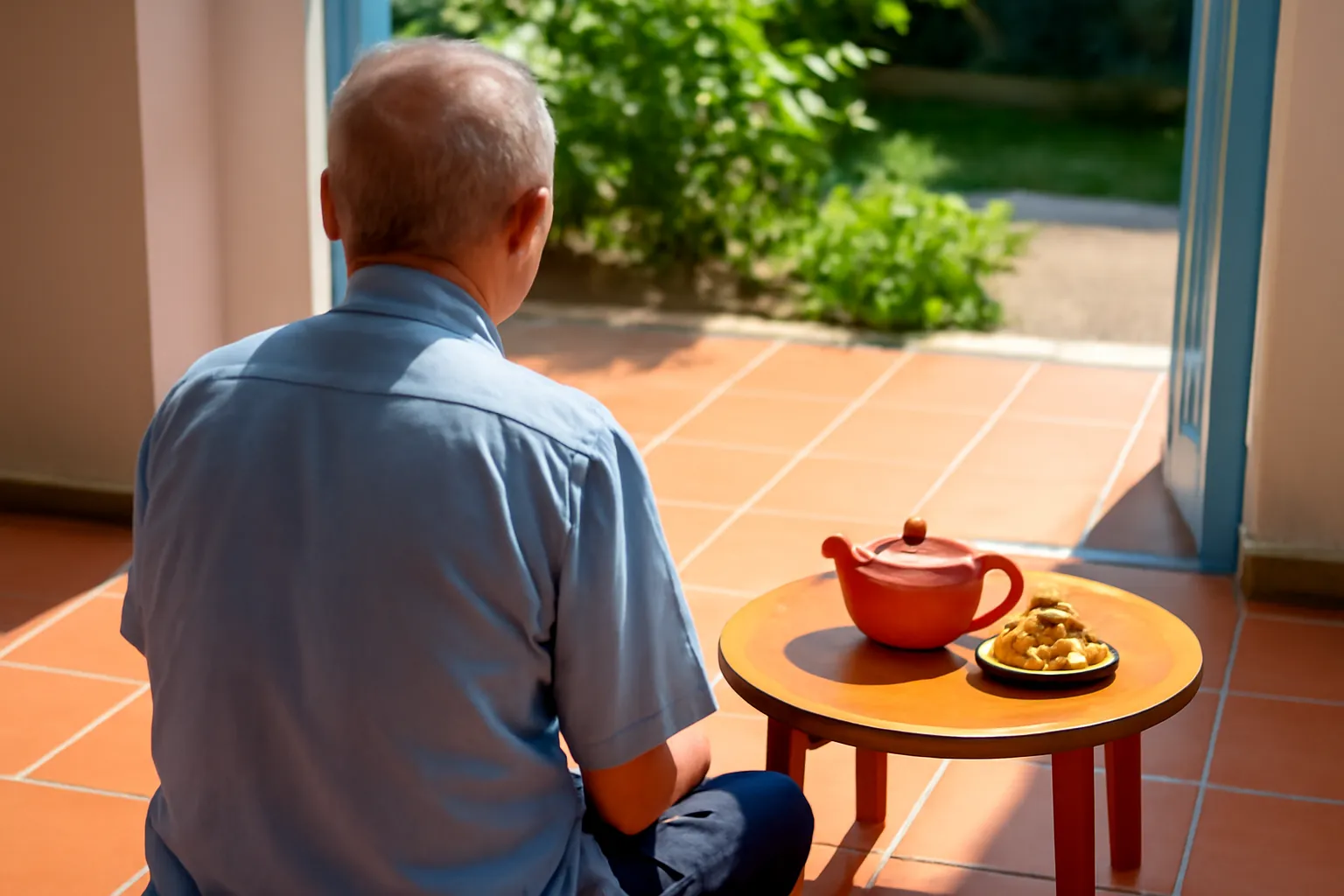 Ông cụ ngồi ở hiên nhà nhìn từ phía sau, bàn nhỏ có ấm trà