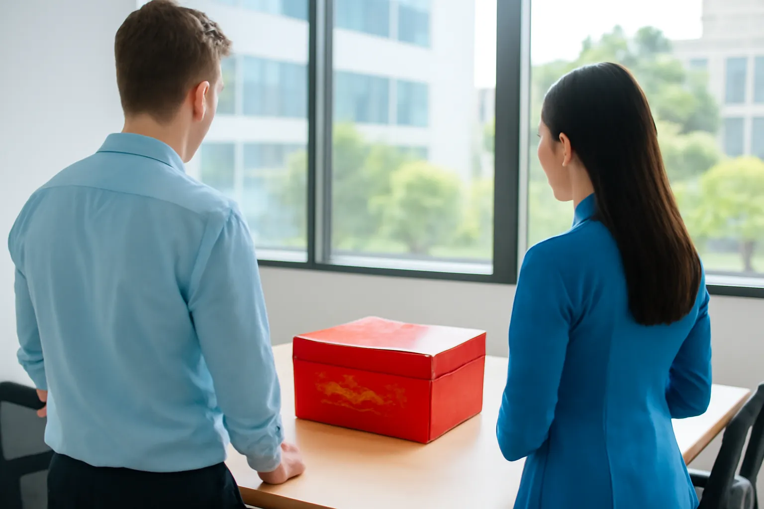 Hai người nhìn từ phía sau ngắm hộp sơn mài đỏ trong phòng họp sáng