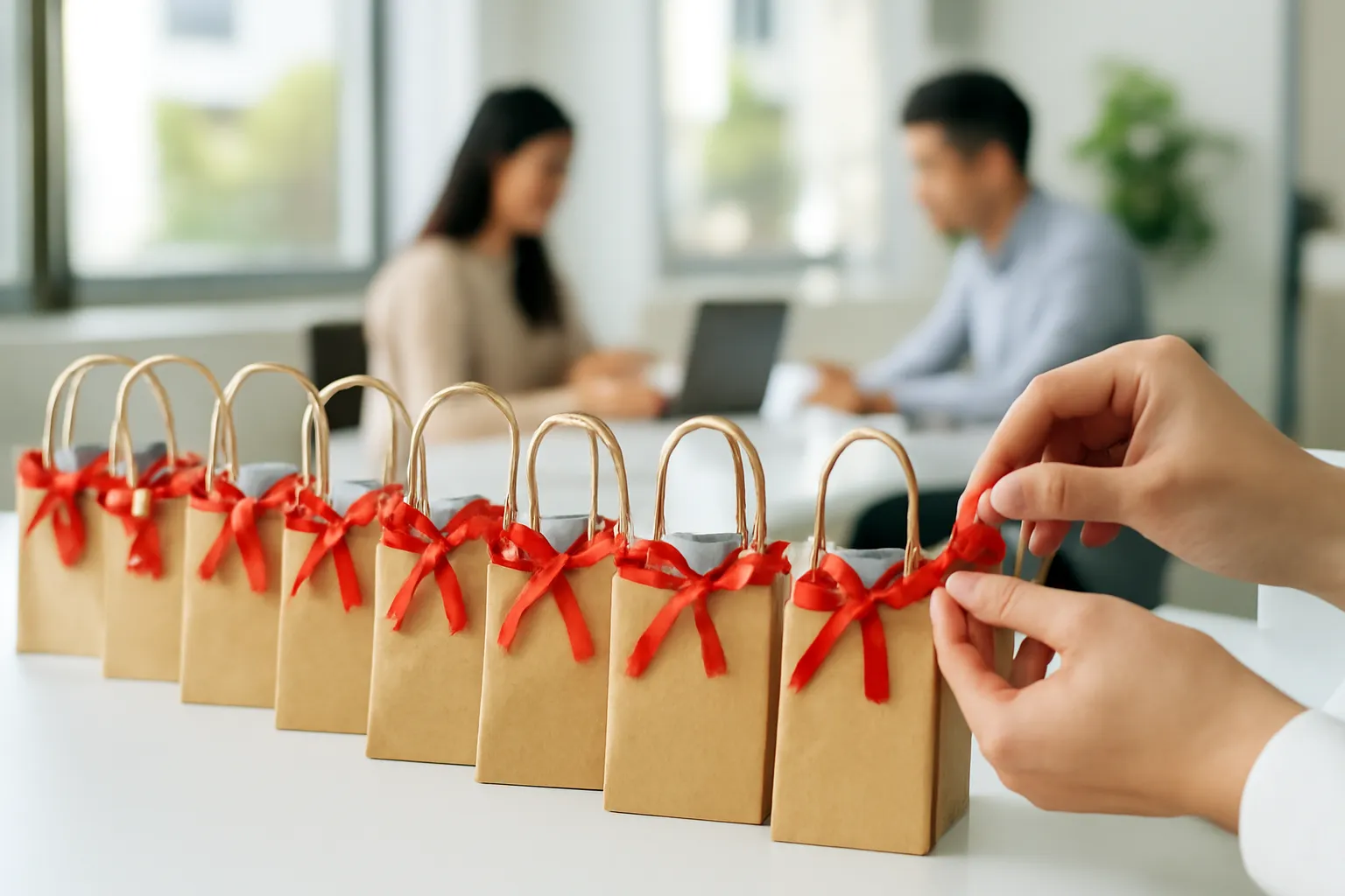Nhiều túi quà nhỏ giống nhau xếp hàng trên bàn văn phòng, tay đang dán nơ