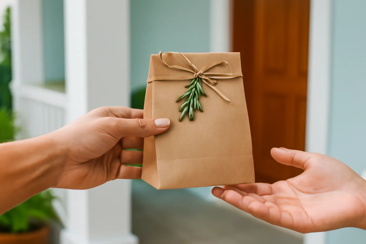 Tay trao túi giấy kraft nhỏ buộc dây gai và nhánh lá ở hiên nhà