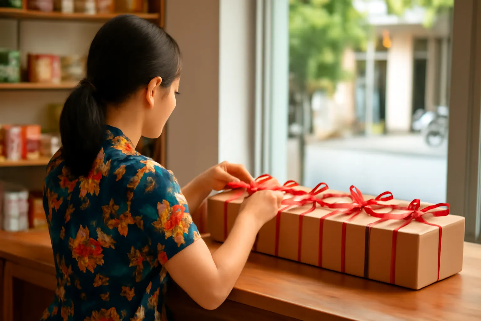 Người phụ nữ buộc nơ cho dãy hộp quà nhỏ trên quầy cửa hàng