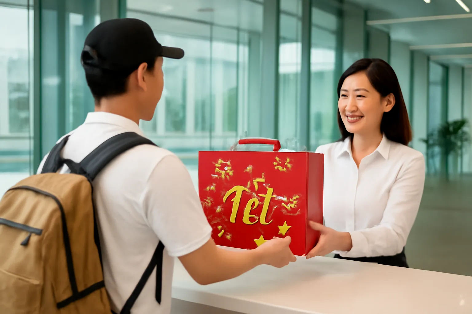 Người giao quà mặc sơ mi trắng trao hộp quà Tết ở quầy lễ tân