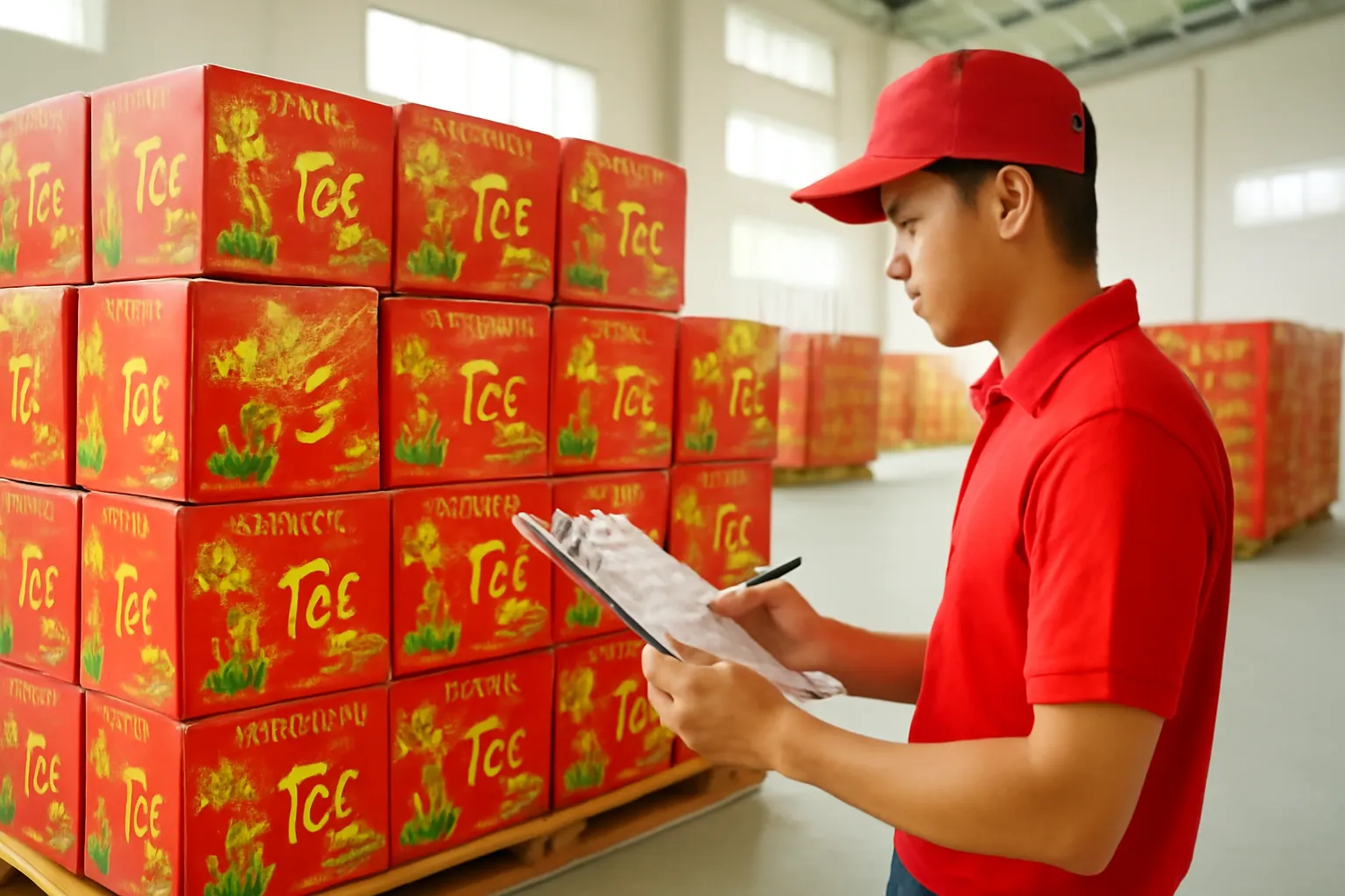 Nhân viên kho đếm các thùng quà Tết xếp chồng ngay ngắn trên pallet gỗ