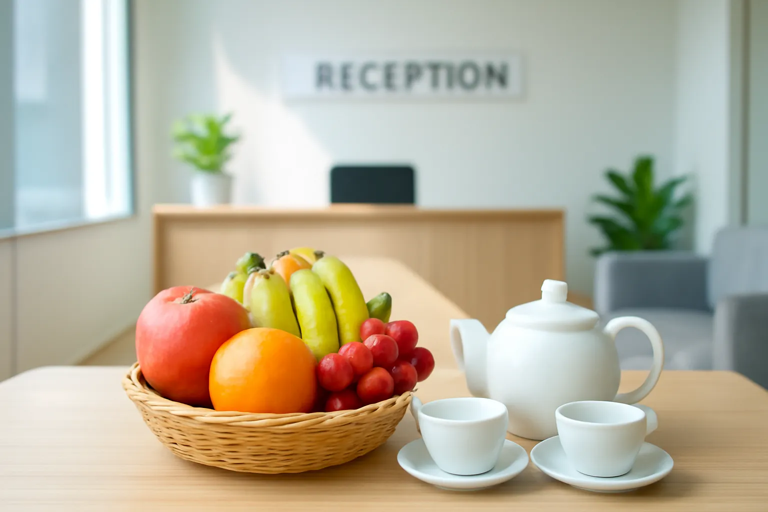 Giỏ trái cây nhỏ đặt cạnh bình trà trên bàn tiếp khách văn phòng