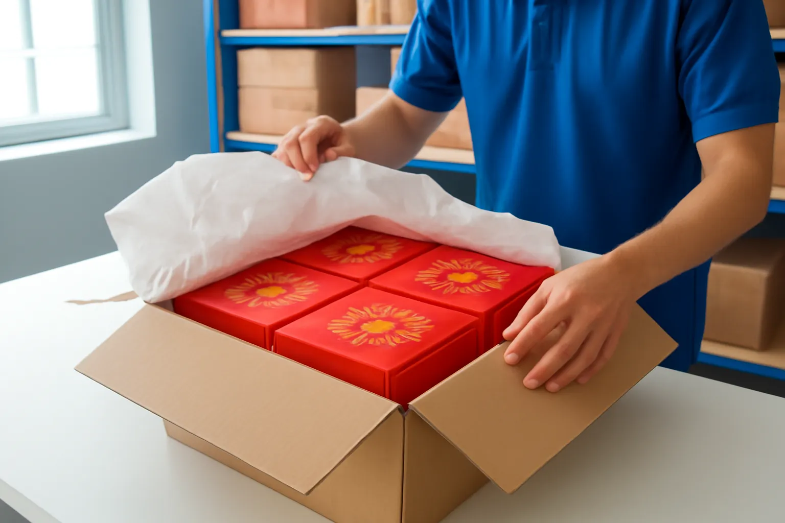 Tay người kiểm hàng mở thùng carton có hộp quà Tết đỏ lót giấy chống sốc
