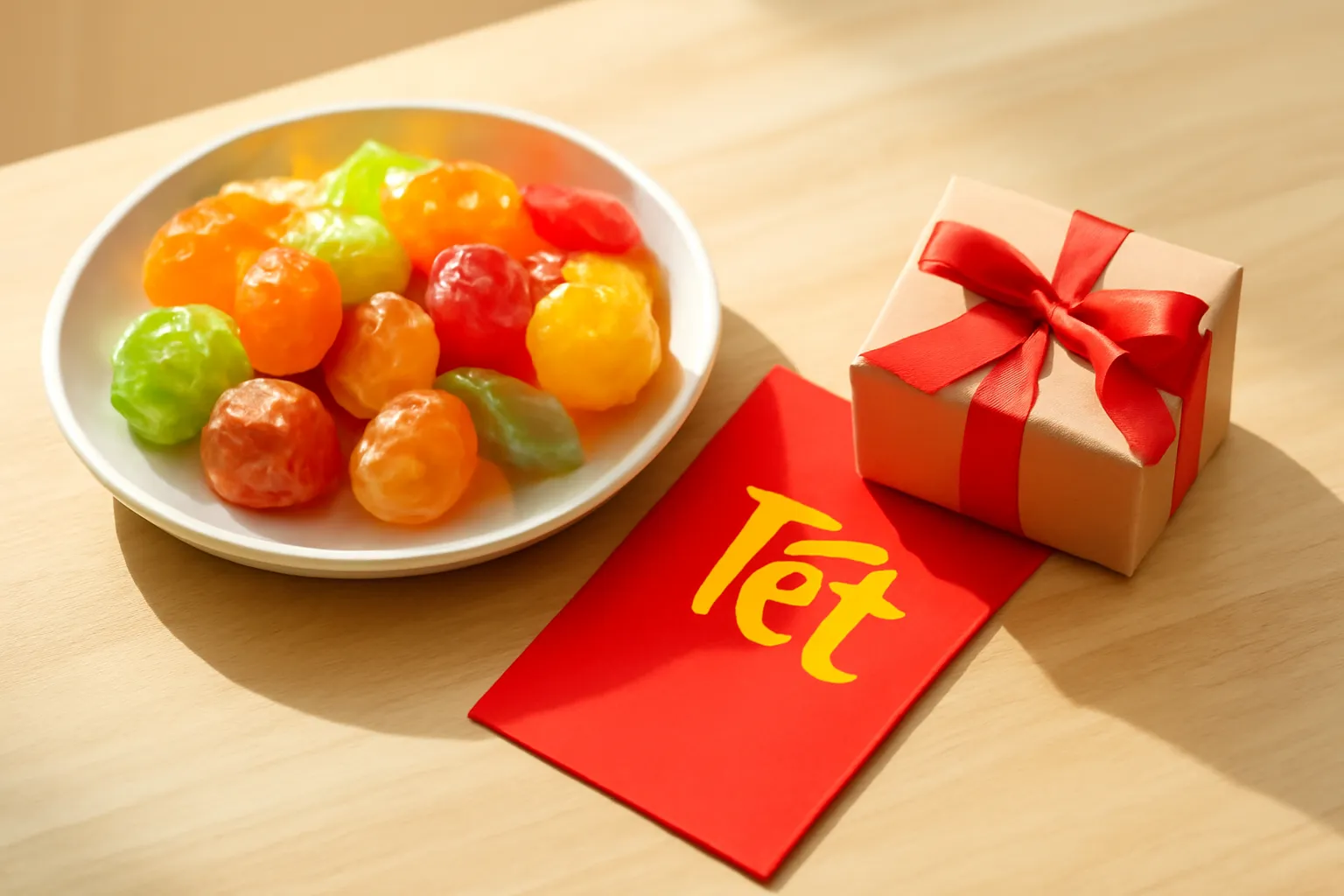 Phong bì đỏ và hộp quà nhỏ đặt cạnh khay mứt trên bàn uống trà
