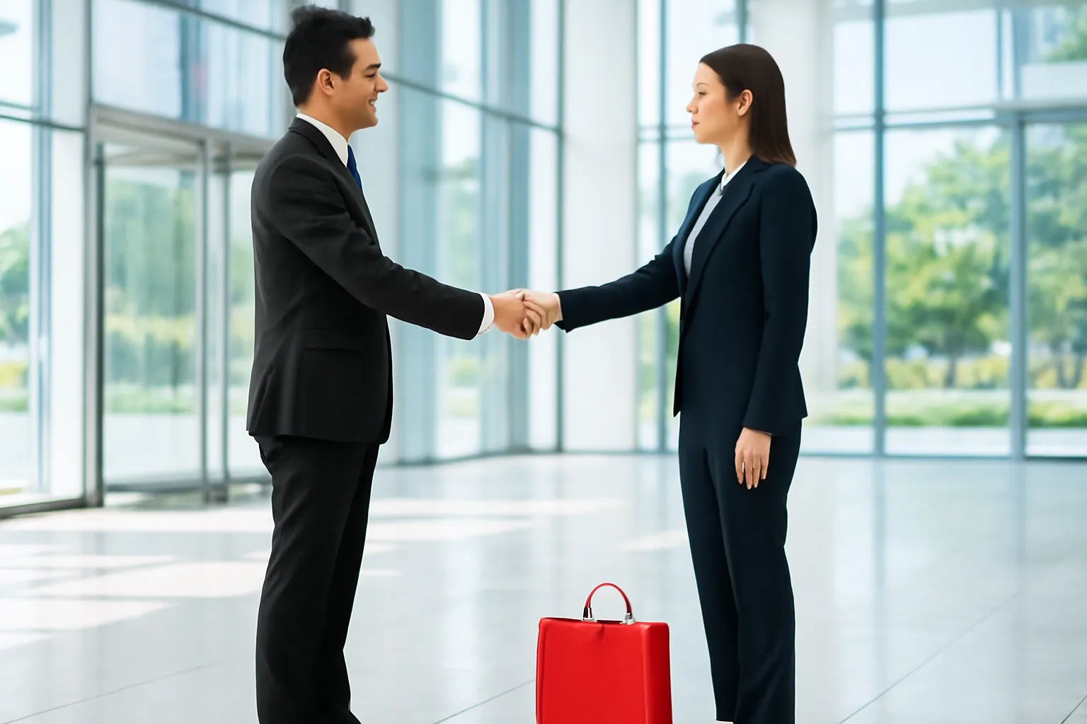 Hai người mặc vest bắt tay ở sảnh văn phòng kính, túi quà dưới chân